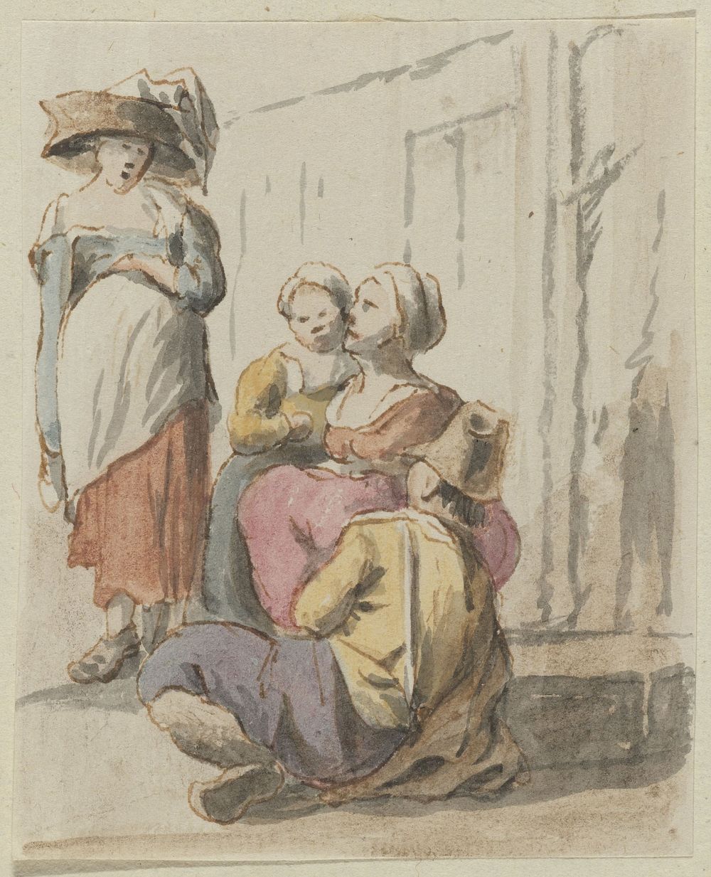 Staande vrouw bij zittend drietal (c. 1700 - c. 1799) by anonymous