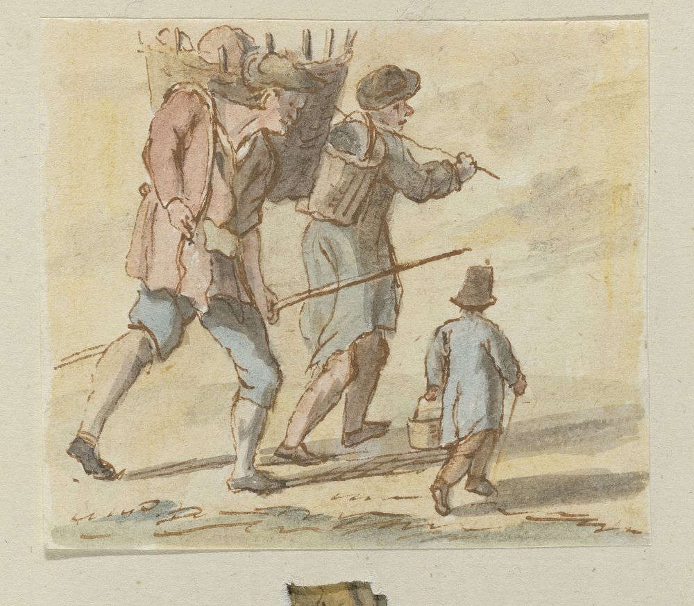 Twee lopende mannen met een mand op de rug en een kind met een mand in de hand (c. 1700 - c. 1799) by anonymous