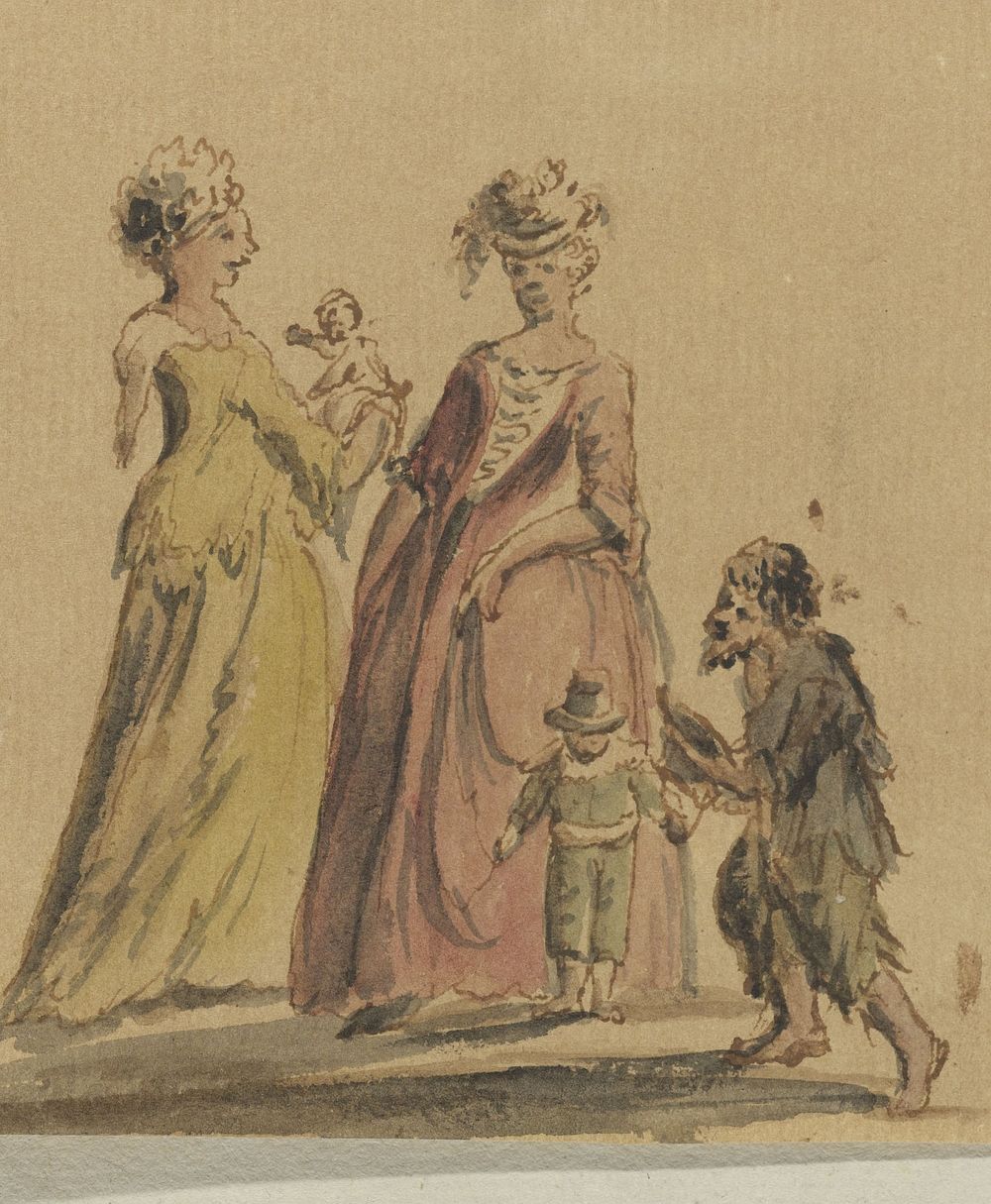 Twee rijk geklede vrouwen met elk een kind en een bedelaar (c. 1700 - c. 1799) by anonymous