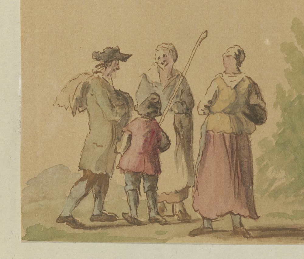 Een man, twee vrouwen en een kind staand in een landschap (c. 1700 - c. 1799) by anonymous