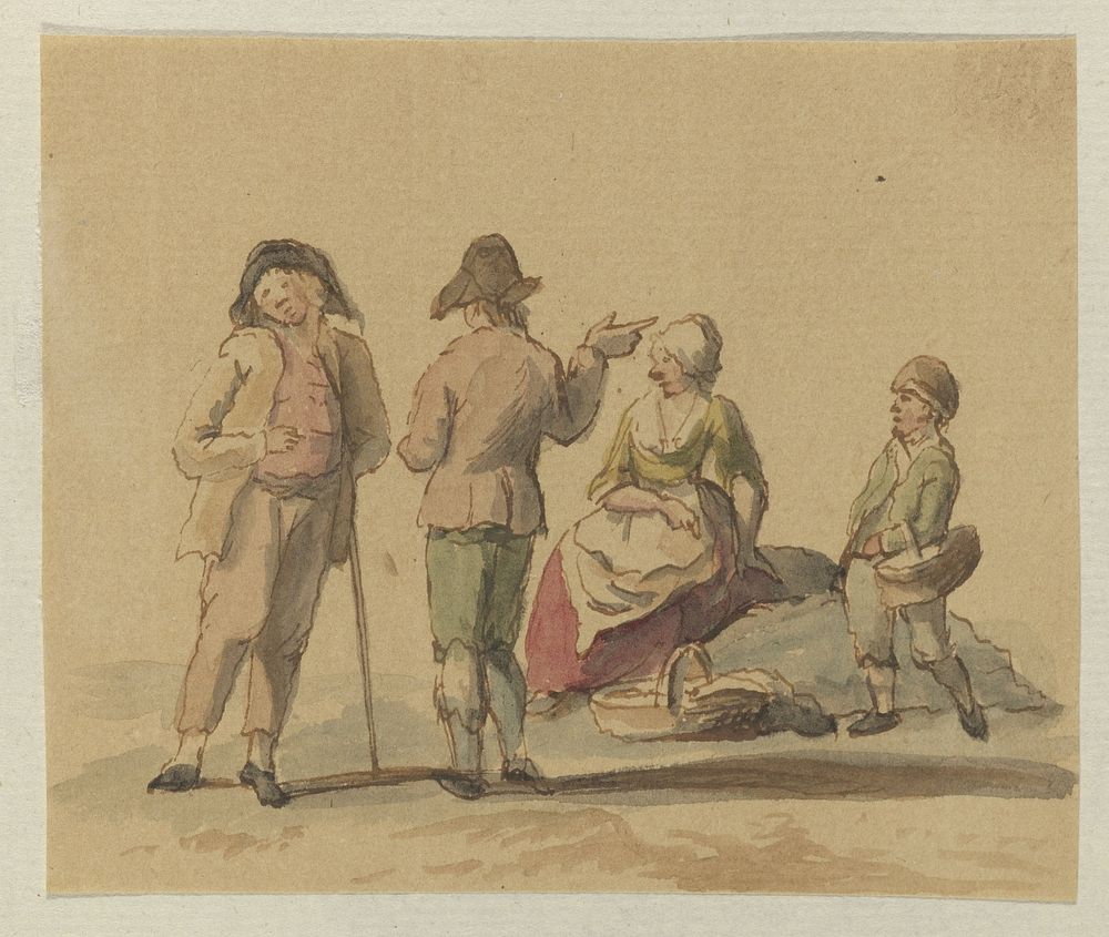 Gezelschap van drie staande mannen en één zittende vrouw (c. 1700 - c. 1799) by anonymous