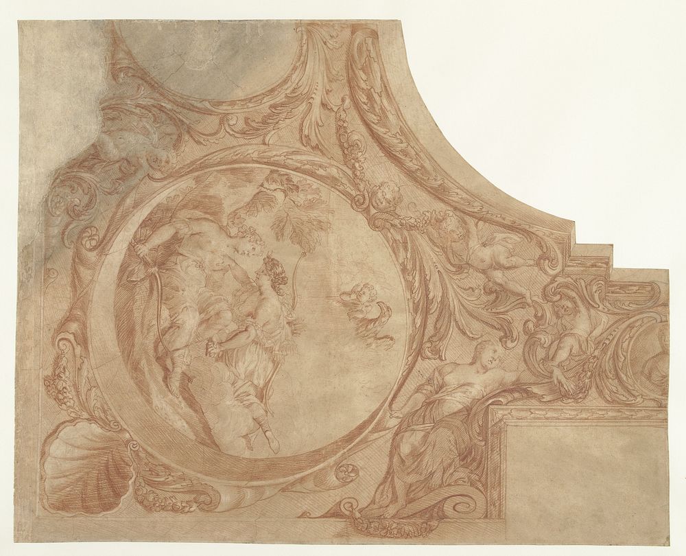 Ontwerp voor een hoekstuk van plafond met Jupiter als Diana met Callisto (1680 - 1757) by Mattheus Terwesten and Augustinus…