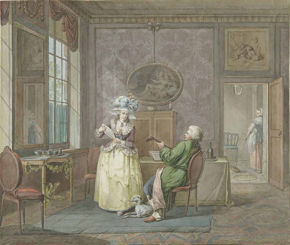 Musicerend paar in een interieur (1763 - 1800) by Jacobus Johannes Lauwers