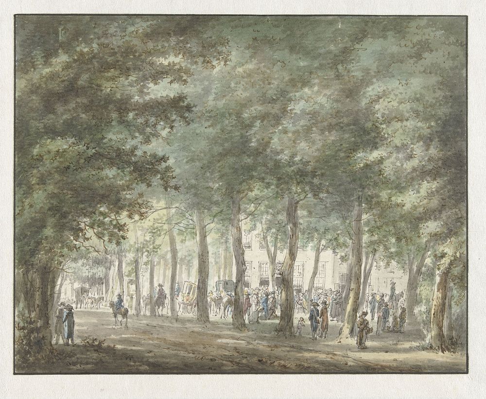 Gezicht in de Haarlemmerhout, met een menigte mensen voor het Heerenlogement (1773 - 1815) by Hermanus van Brussel