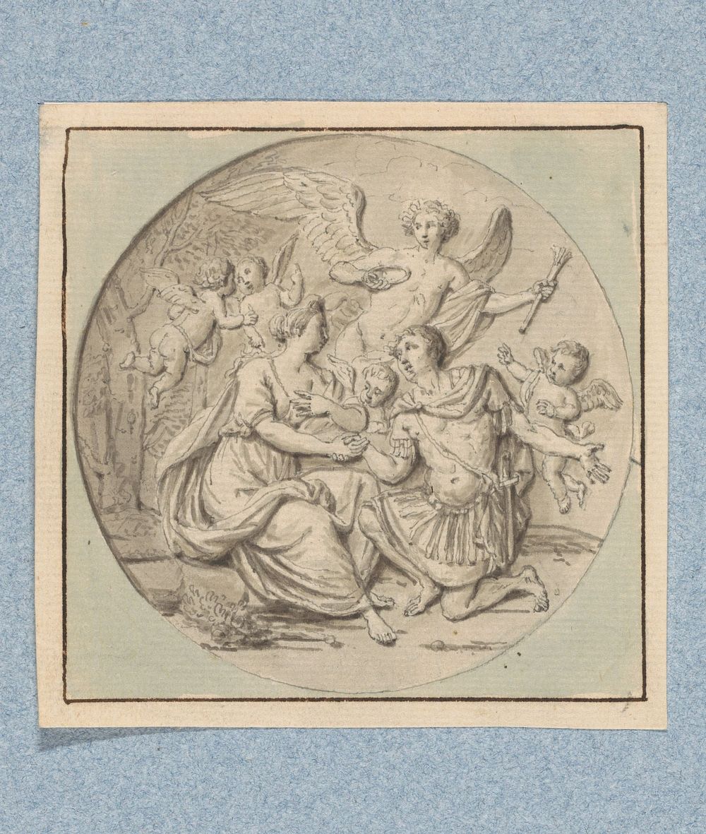 Militair knielt voor een vrouw en wordt door Hymenaeus gekroond (in doos met 43 tekeningen) (1703 - 1775) by Louis Fabritius…