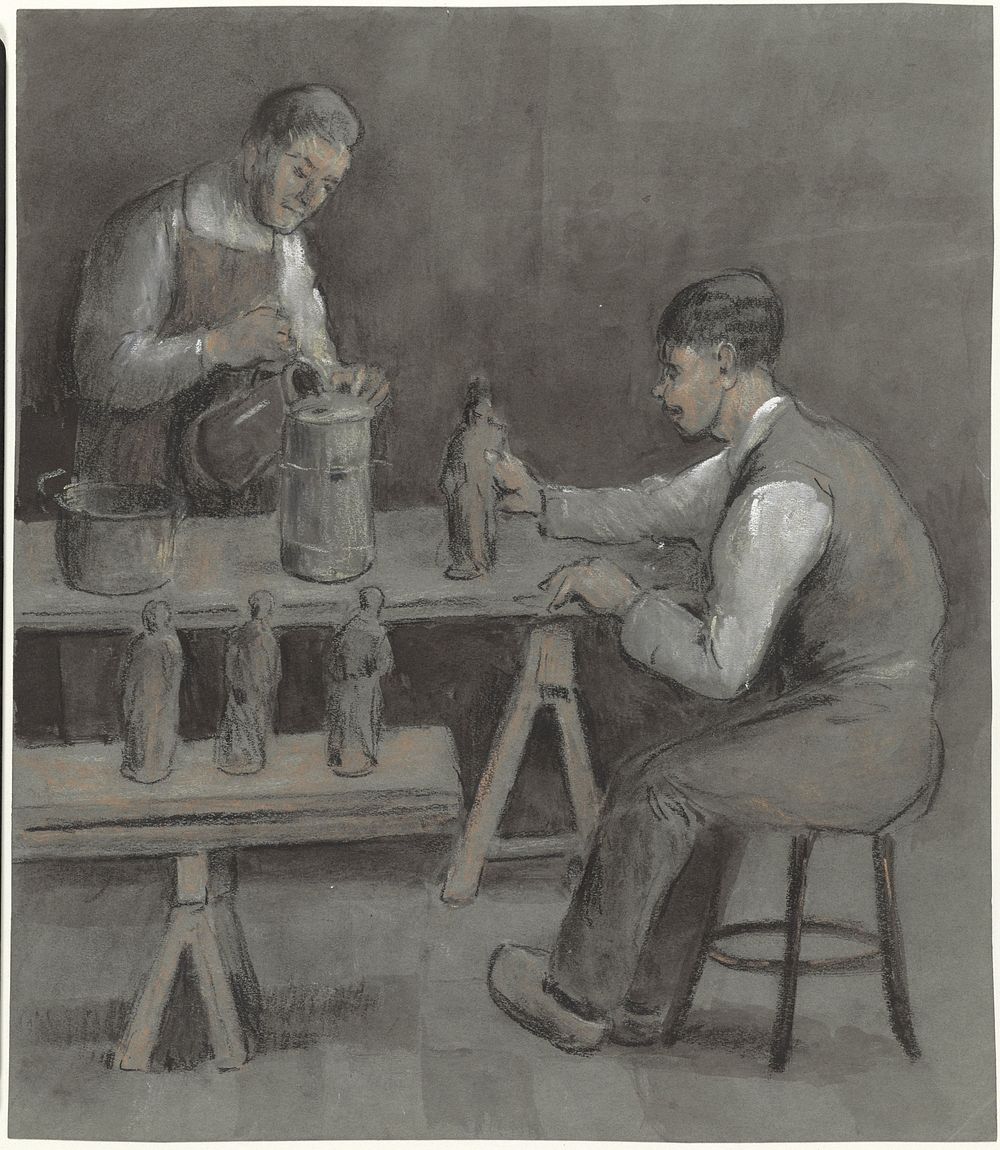 Twee arbeiders bij het maken van beeldjes (1881 - 1948) by Herman Heijenbrock