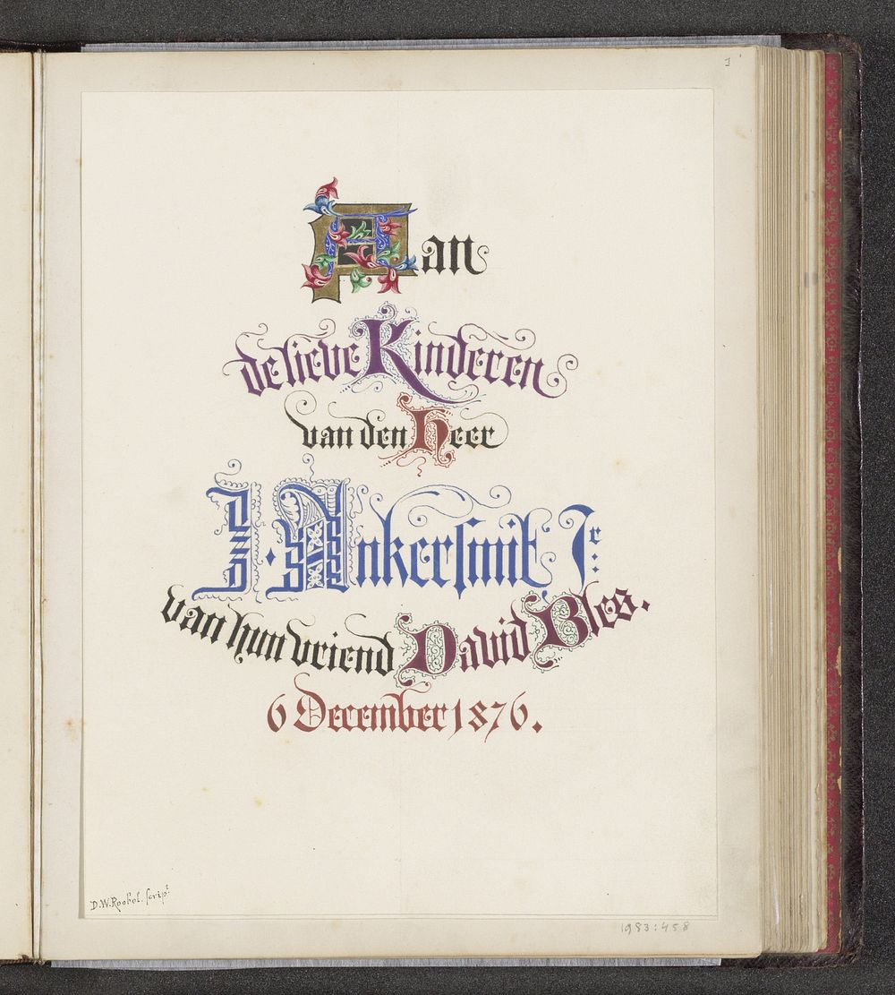 Titelpagina met opdracht aan de kinderen van de heer J. Ankersmit jr. (1876) by Dirk Waanders Roobol and David Bles