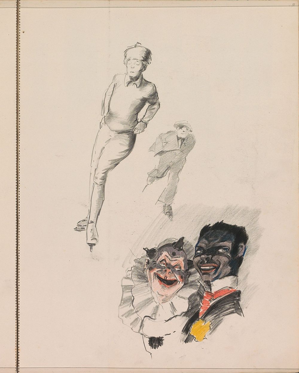 Schaatsende man en jongen en twee figuren uit een Commedia Dell'Arte (c. 1917 - c. 1919) by Otto Verhagen I