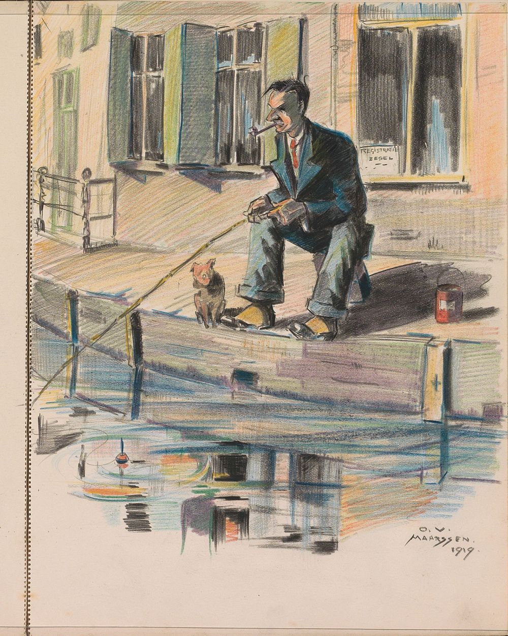 Vissende man aan een gracht te Maarssen (1919) by Otto Verhagen I