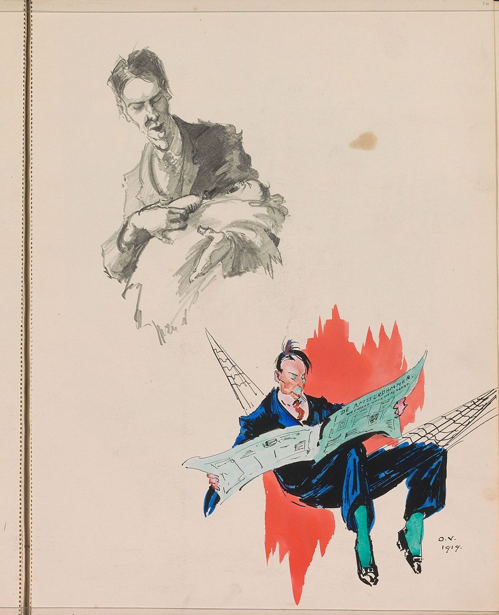 Man met een baby op de arm en een man die de krant leest in een hangmat (1919) by Otto Verhagen I