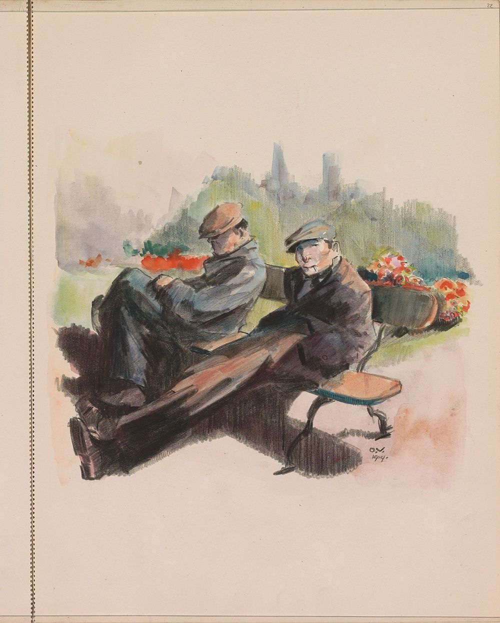 Twee mannen zittend op een bank in een park (1919) by Otto Verhagen I