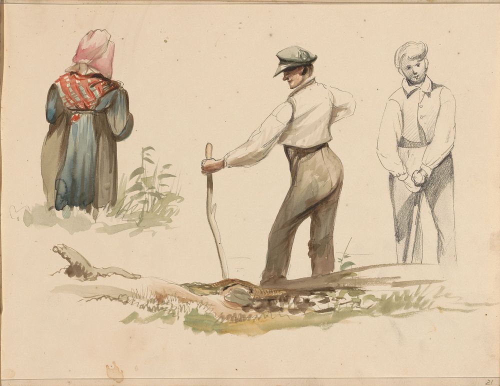 Boer en boerin, staand in het gras (1840 - 1845) by Johannes Tavenraat