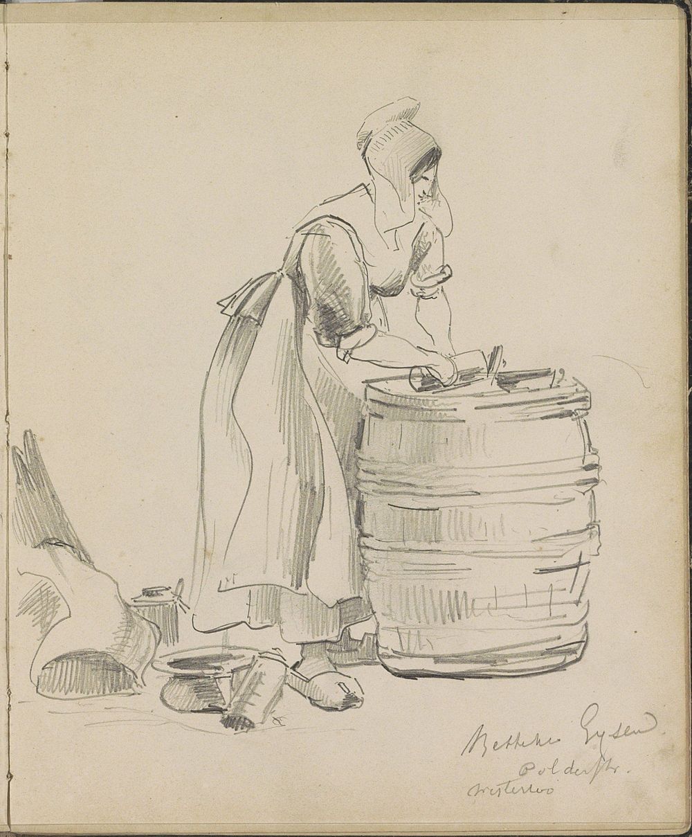 Boerin Betteke Gijsen bij een houten ton (1841) by Johannes Tavenraat