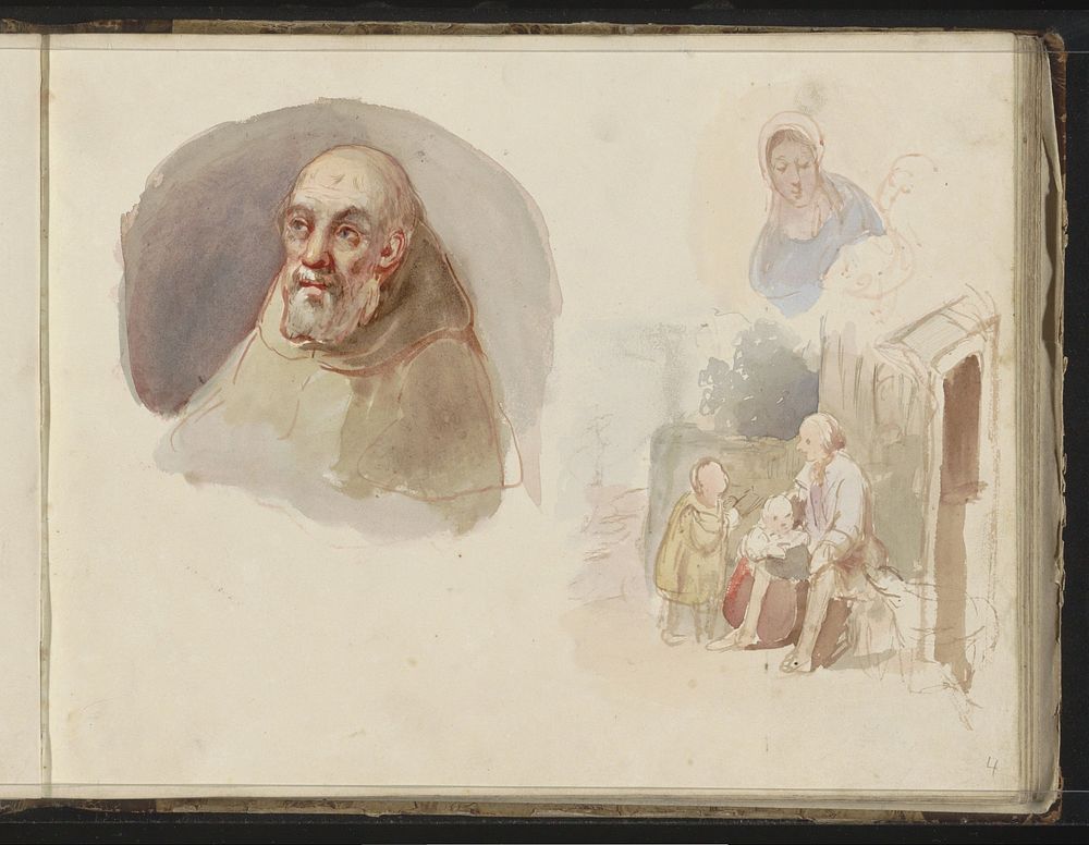 Monnik, een vrouw en figuren voor een woning (1819 - 1849) by Willem Hendrik Schmidt