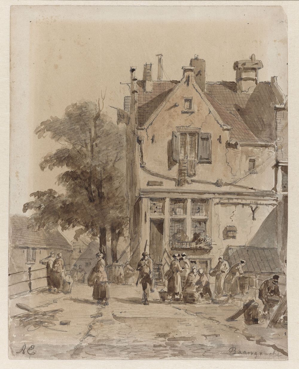 Gezicht op een brug over de Baangracht te Amsterdam, met kramers van etenswaar (1828 - 1897) by Adrianus Eversen