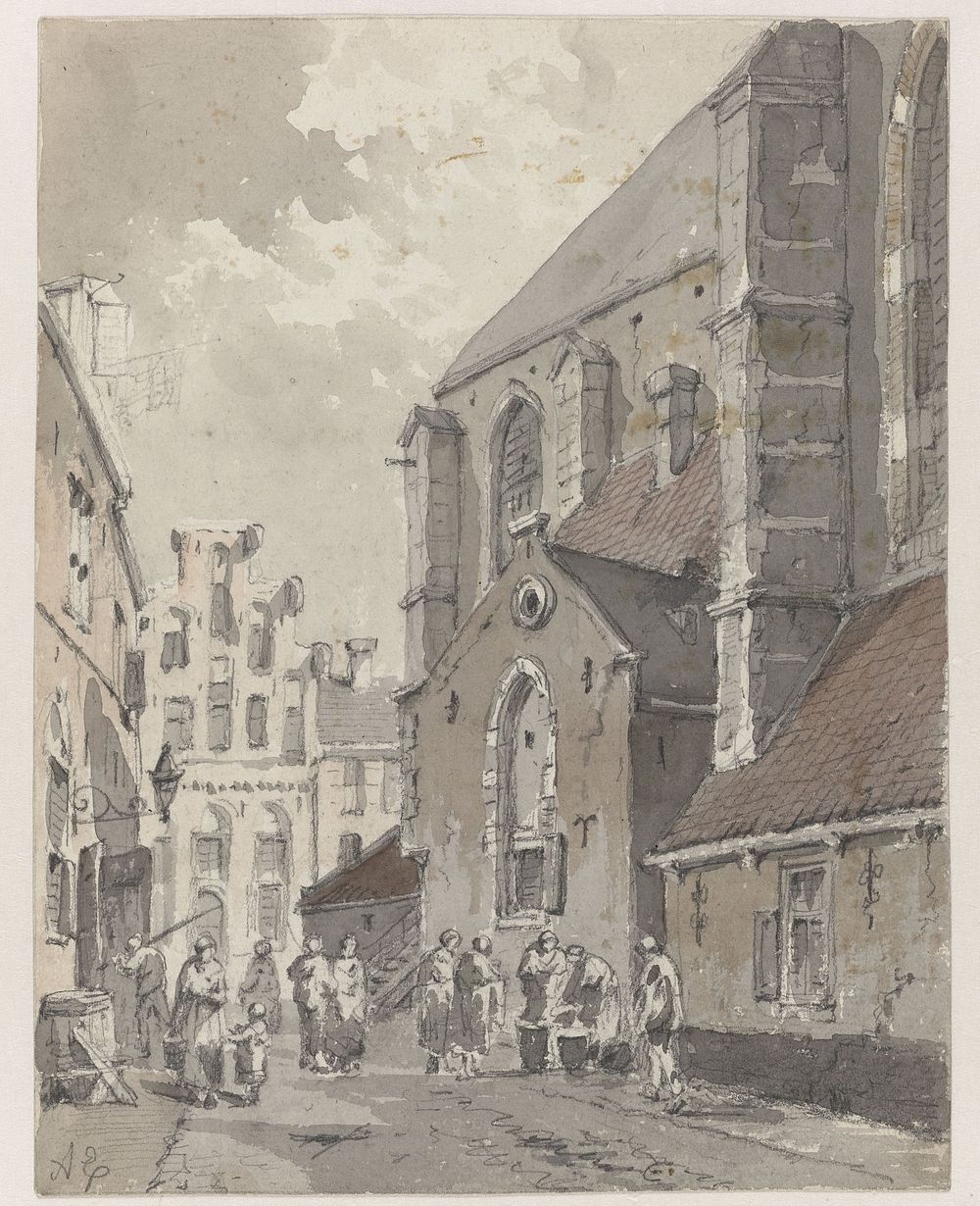 Gezicht te Amersfoort, rechts een deel van de St. Joriskerk (1828 - 1897) by Adrianus Eversen