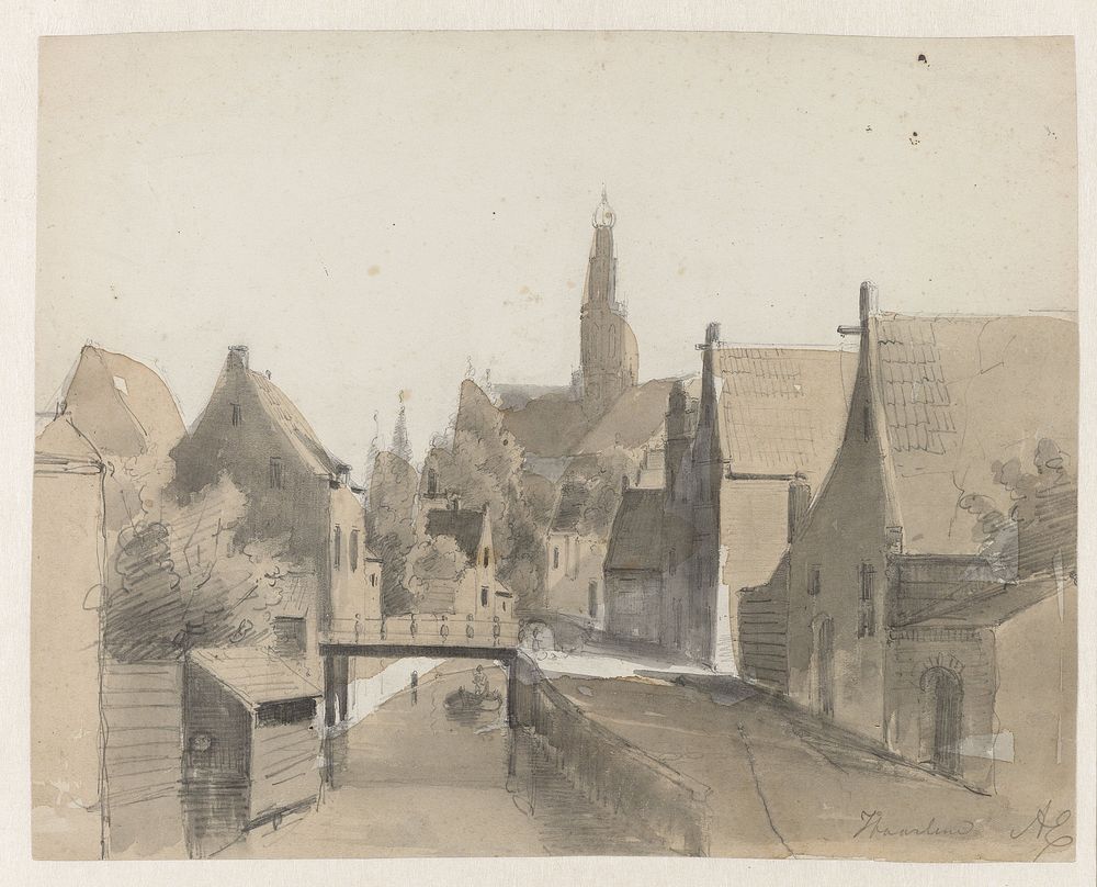 Gezicht op een grachtje in Haarlem, op de achtergrond de St. Bavo (1828 - 1897) by Adrianus Eversen