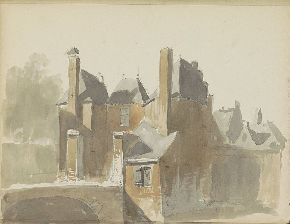 Gezicht op een versterkt gebouw (c. 1828 - 1897) by Adrianus Eversen