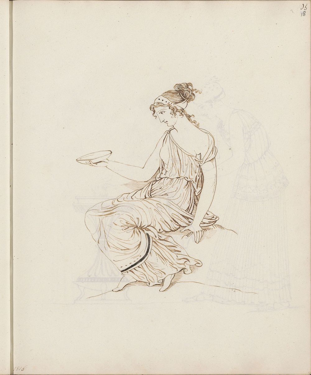 Zittende vrouw met een schaal in de hand, naar klassiek voorbeeld (1816) by jonkvrouw Elisabeth Kemper