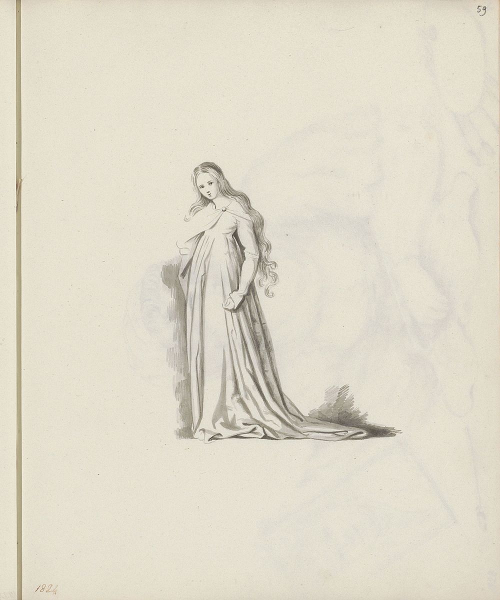 Staande vrouw met lang haar in een japon met cape (1824) by jonkvrouw Elisabeth Kemper