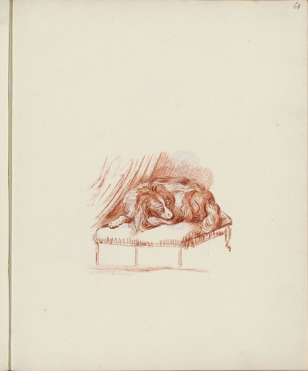 Slapende hond op een voetenbank (1816 - 1852) by jonkvrouw Elisabeth Kemper