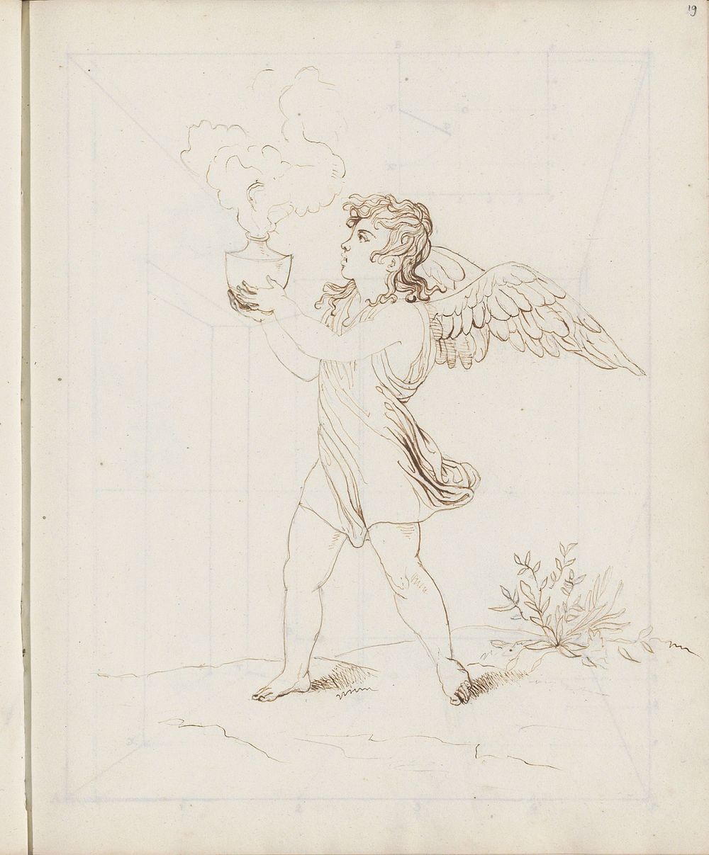 Gevleugelde jongen met een rokende urn in een landschap (1813) by Catharina Kemper and jonkvrouw Elisabeth Kemper