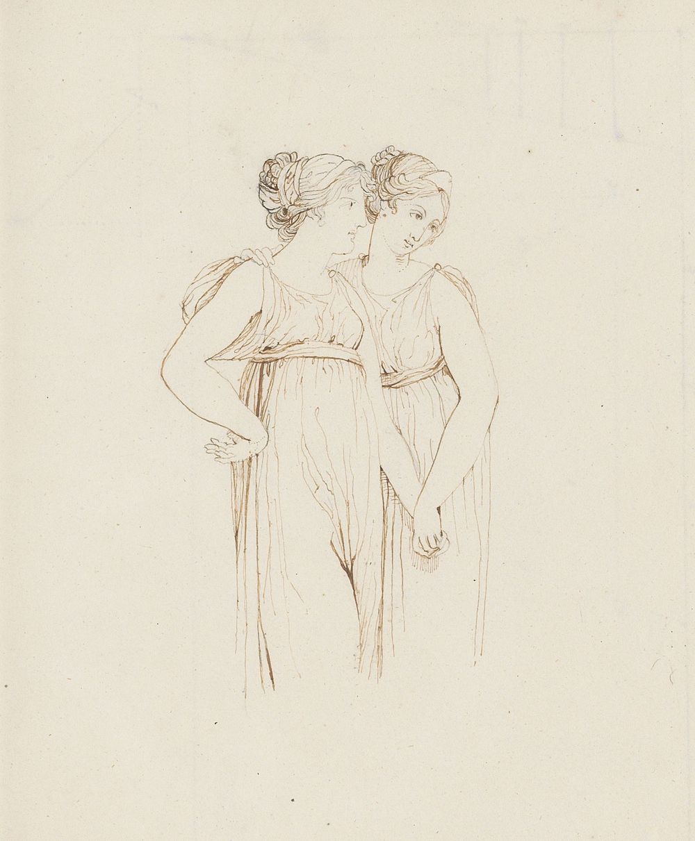 Twee vrouwen die elkaars hand vasthouden, naar klassiek voorbeeld (1813) by Catharina Kemper and jonkvrouw Elisabeth Kemper