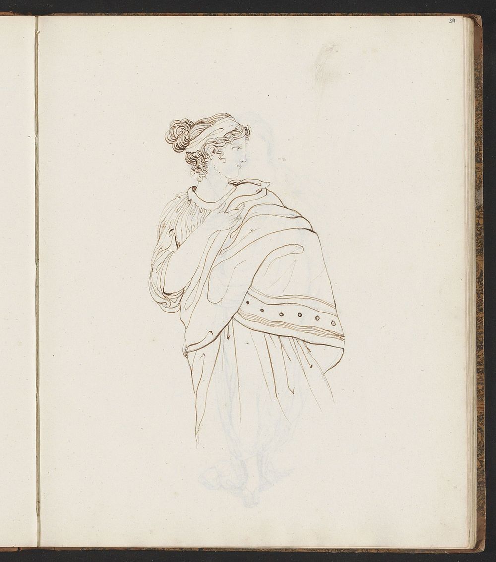Staande vrouw in een toga die over haar schouder kijkt (1813) by Catharina Kemper and jonkvrouw Elisabeth Kemper