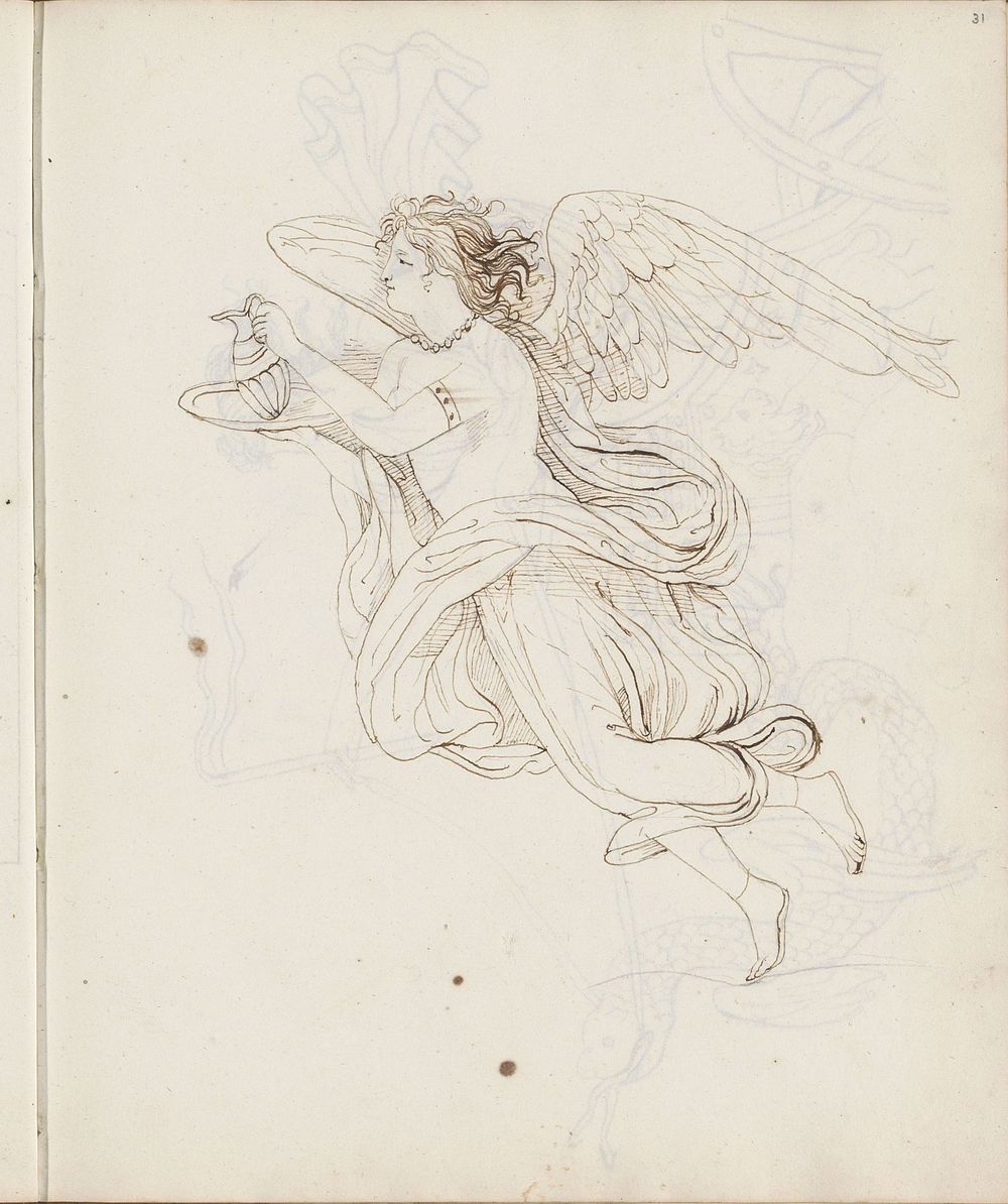 Gevleugelde figuur met een kan op een dienblad (1813) by Catharina Kemper and jonkvrouw Elisabeth Kemper