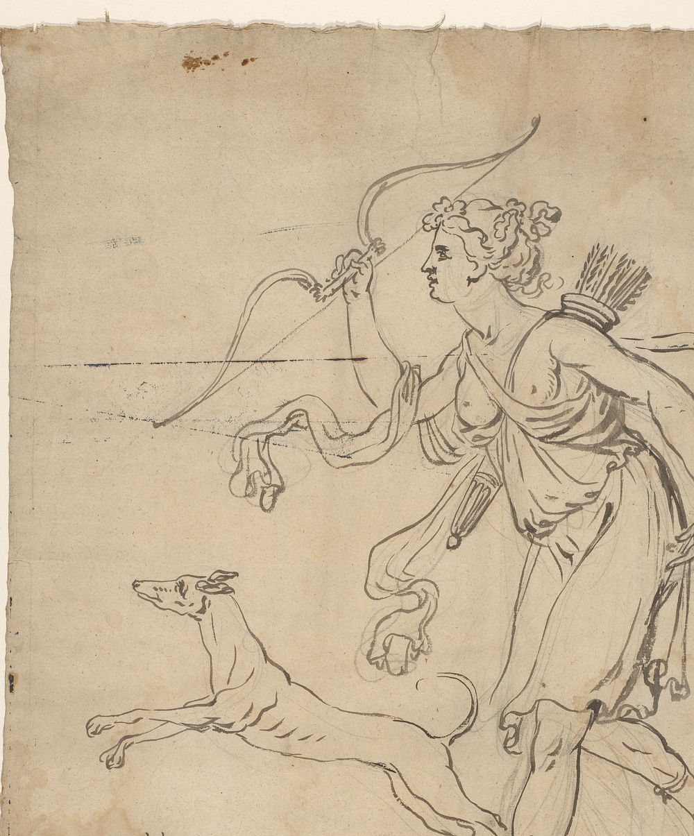 Arcadisch tafereel met een vrouwelijke jager en een jachthond (1763 - 1826) by Abraham van Strij I
