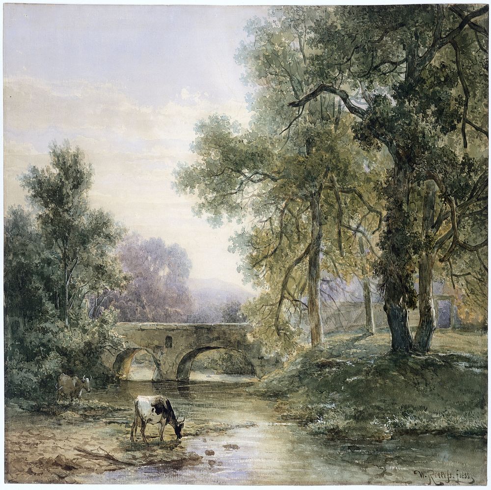 Boomrijk landschap met stenen brug over een rivier (1852) by Willem Roelofs I