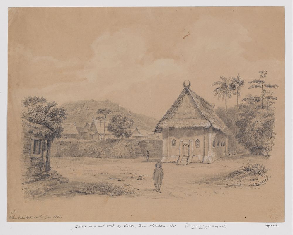 Gezicht op dorp met kerk op Kisar, Zuid-Molukken (1821) by Adrianus Johannes Bik