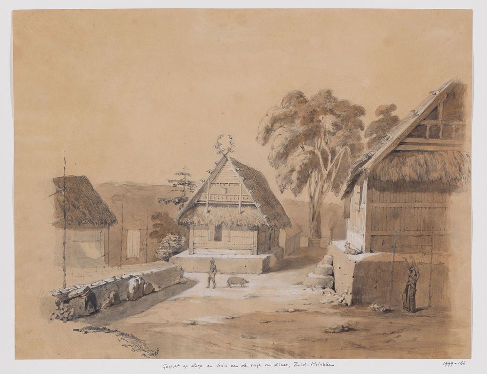 Gezicht op dorp en huis van de raja van Kisar, Zuid-Molukken (1821) by Adrianus Johannes Bik