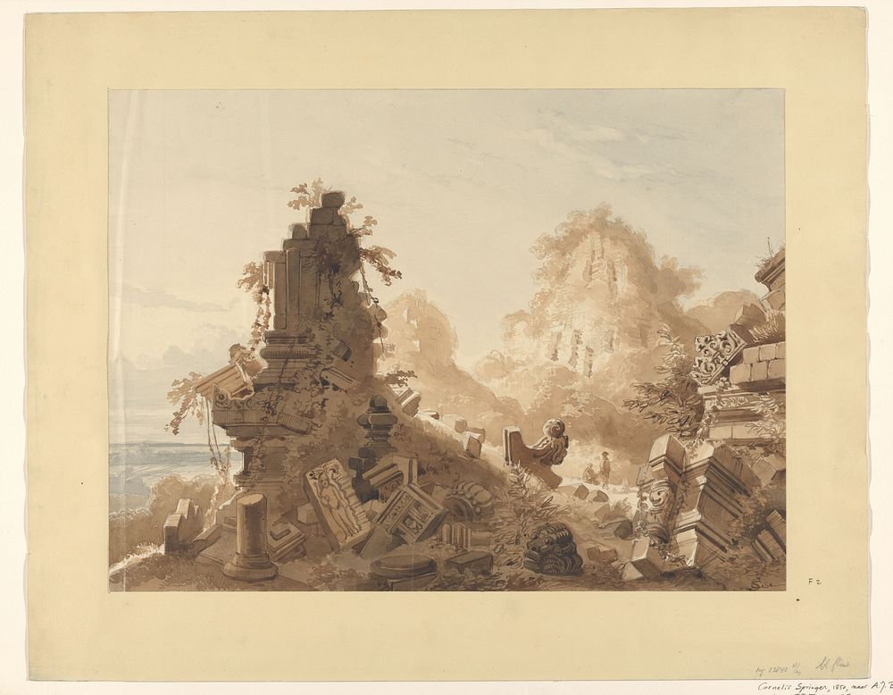 Gezicht op de ruïne van Candi Lara Jonggrang (Prambanan) bij Yogyakarta, Midden-Java (1850) by Cornelis Springer and…