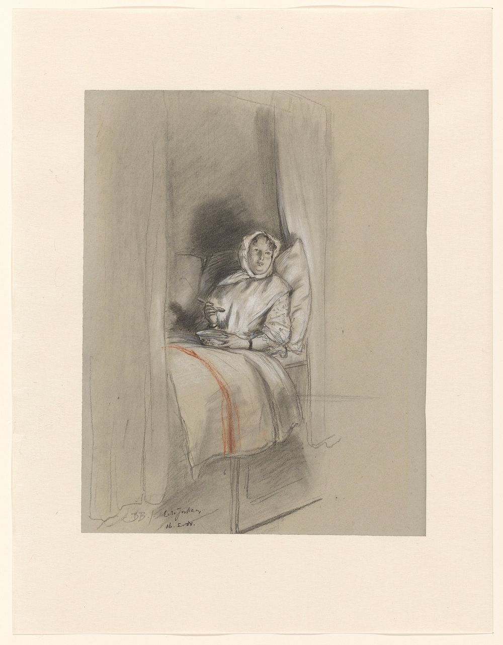 Figuurstudie van een in een bedstee liggende  vrouw, etend uit een kom (1888) by David Bles