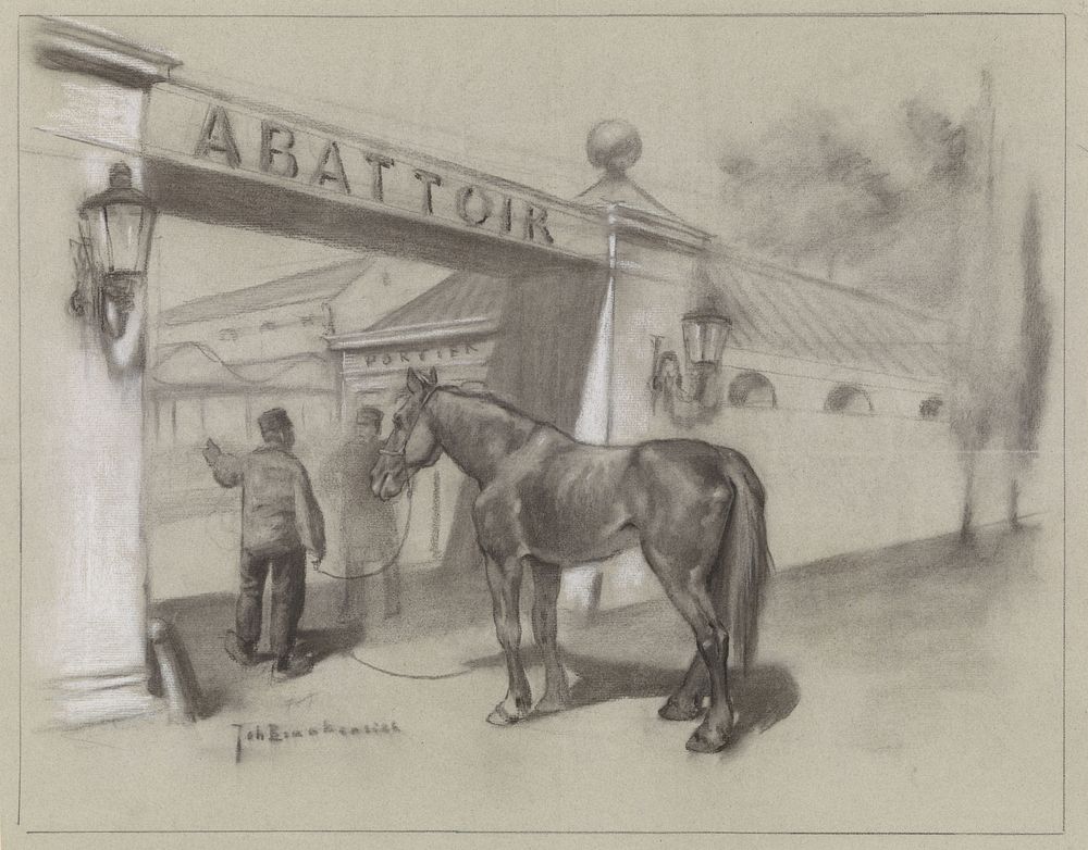 Man met paard voor de ingang van het abattoir (1868 - 1940) by Johan Braakensiek
