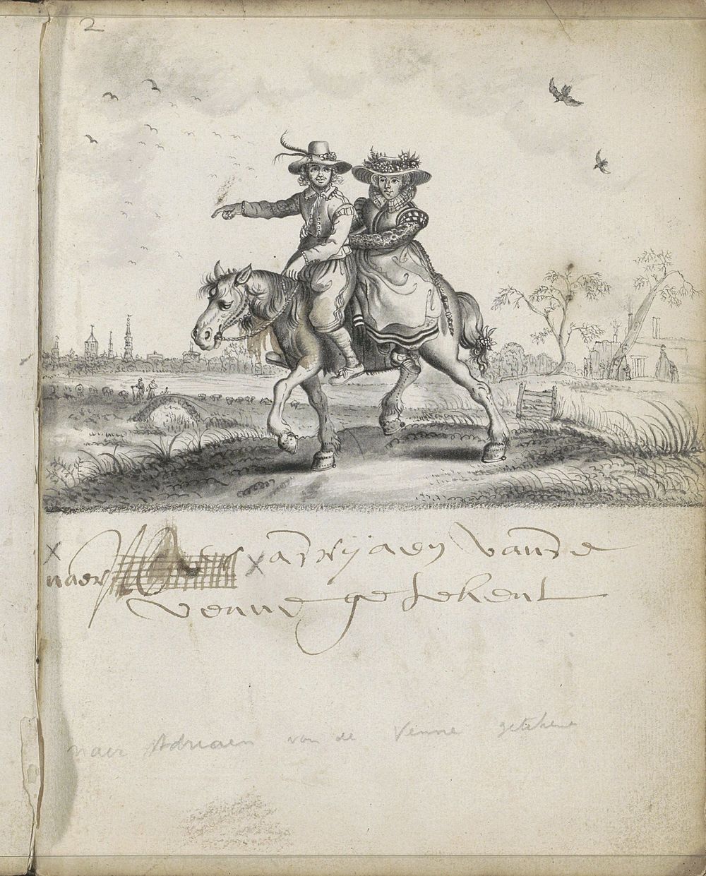 Landschap met man en vrouw te paard (1666) by Cornelis Saftleven and Adriaen Pietersz van de Venne