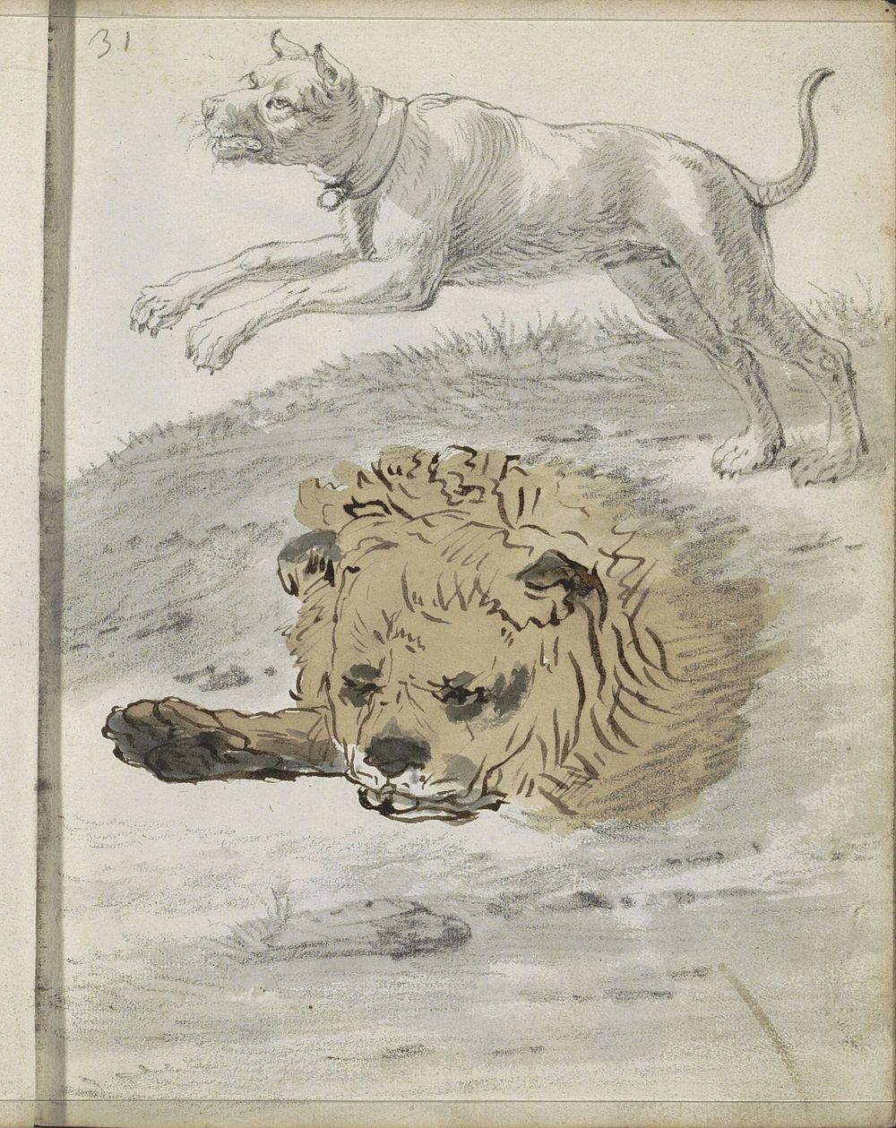 Springende hond en de kop van een leeuw (1666) by Cornelis Saftleven and Rembrandt van Rijn