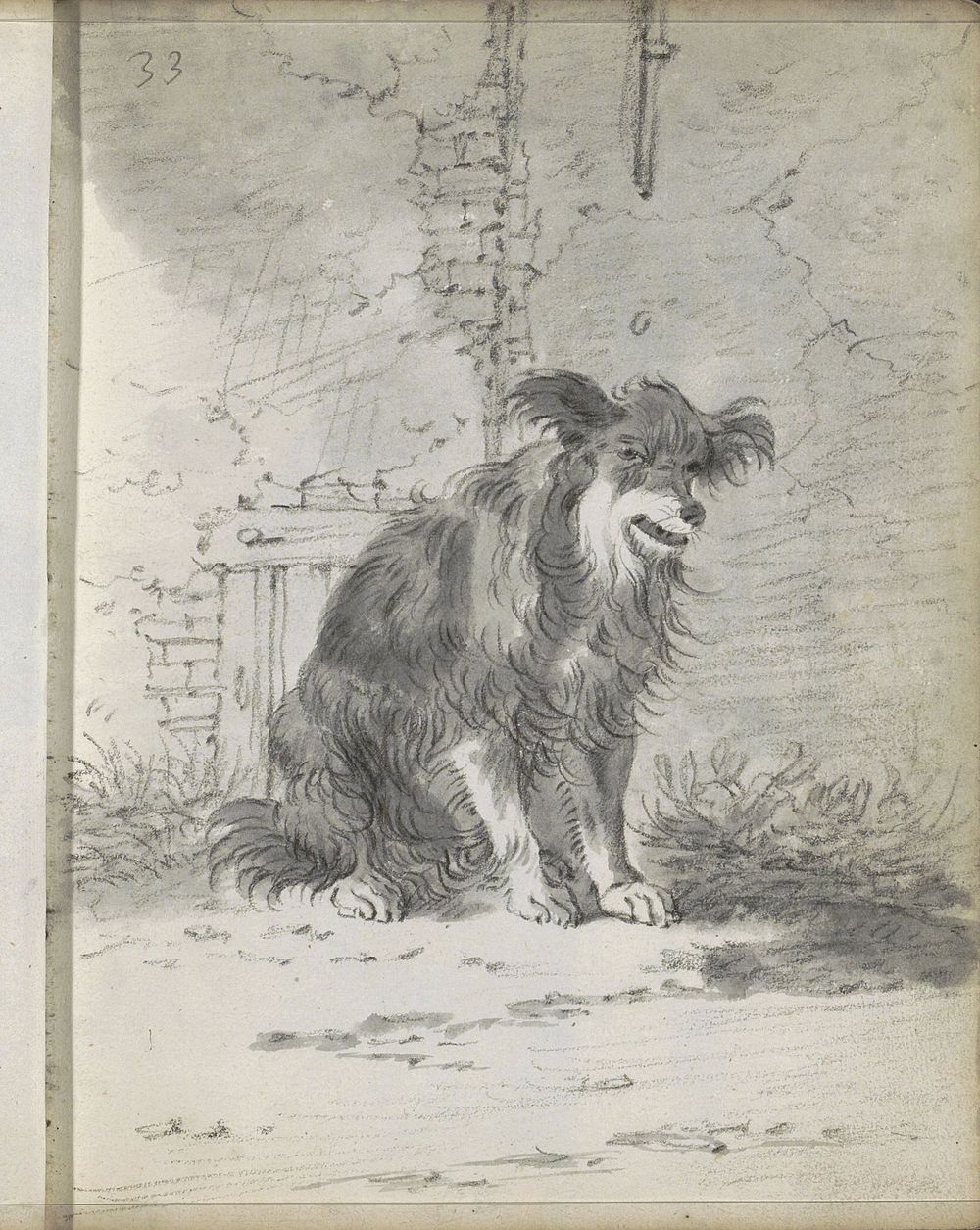 Zittende hond bij een muur (1666) by Cornelis Saftleven