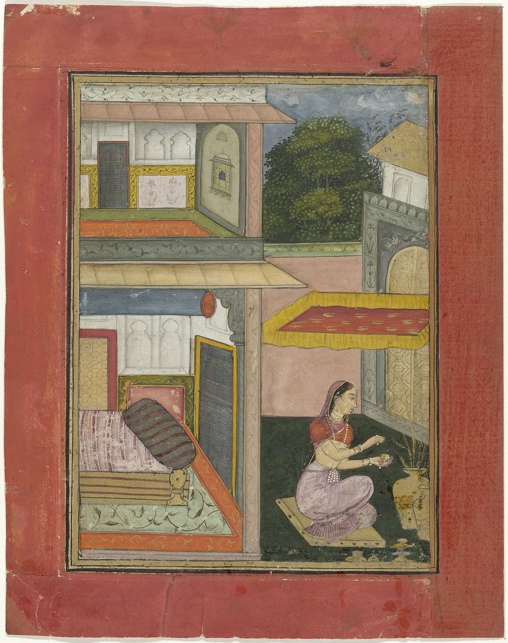 Gunakari Ragini, vrouw zittend in een hof van een paleis (1675 - 1700) by Rukn ud din
