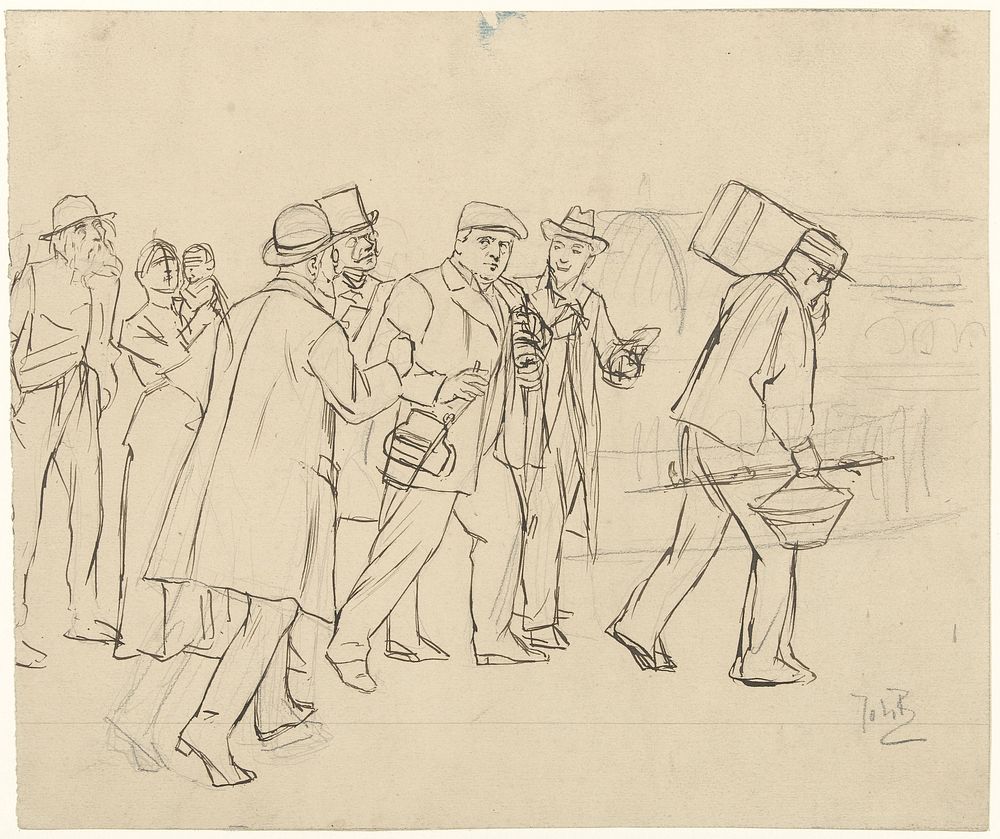 Man op straat aangesproken door een groep heren (c. 1868 - c. 1940) by Johan Braakensiek