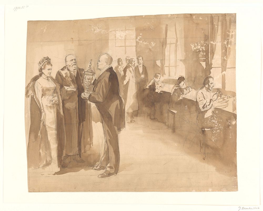 Koning Willem III en koningin Emma in een werkplaats wordt een pronkbeker getoond (c. 1868 - c. 1940) by Johan Braakensiek