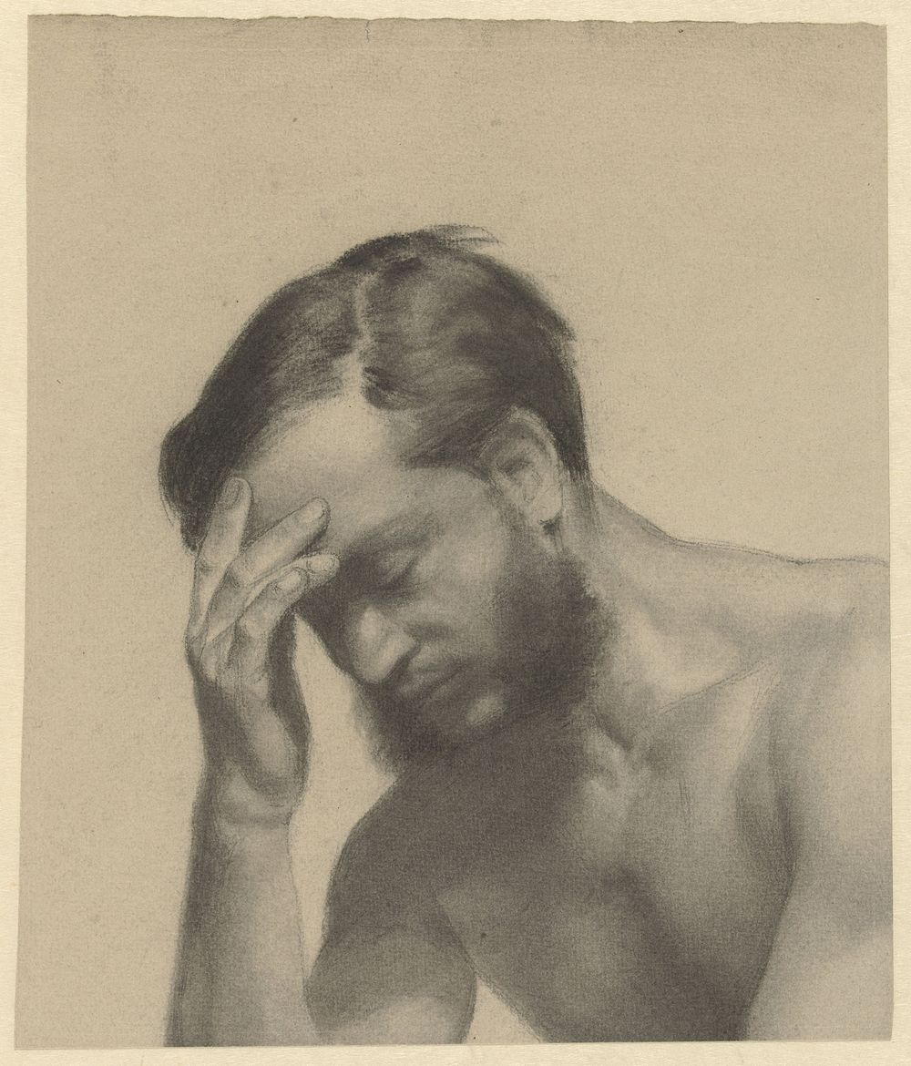 Fragment van een academiestudie: man met rechterhand aan het voorhoofd (1868 - 1940) by Johan Braakensiek