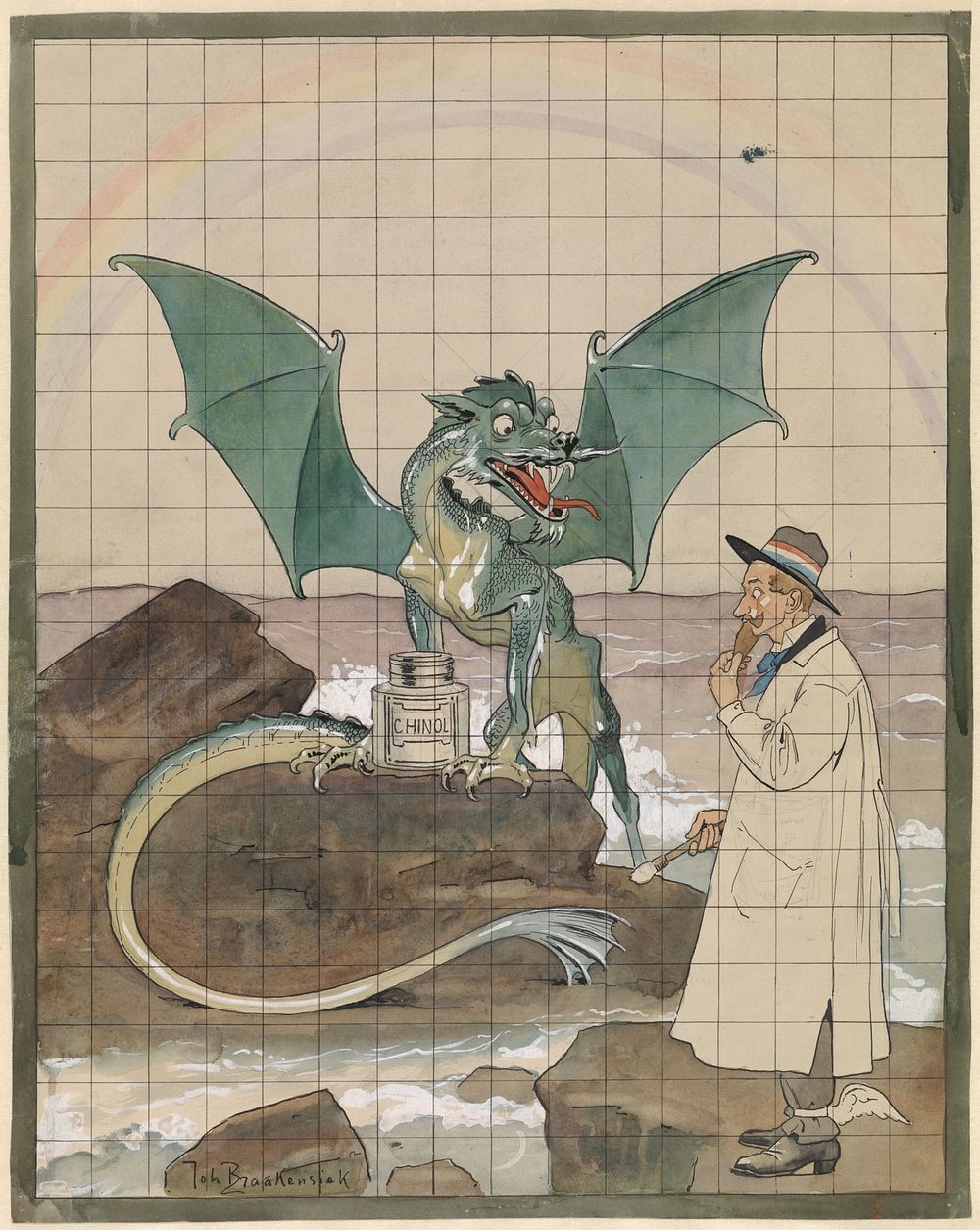 Kunstenaar met draak bij een pot Chinol (1868 - 1940) by Johan Braakensiek