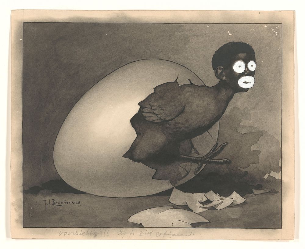 Ontwerp voor illustratie in De Amsterdammer: een zwarte man kruipt uit een ei (19 April 1930) (1930) by Johan Braakensiek