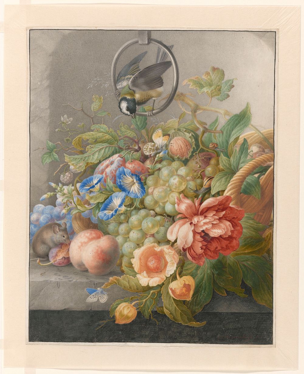 Still Life with Flowers, Fruit, a Great Tit and a Mouse (c. 1700 - c. 1710) by Herman Henstenburgh