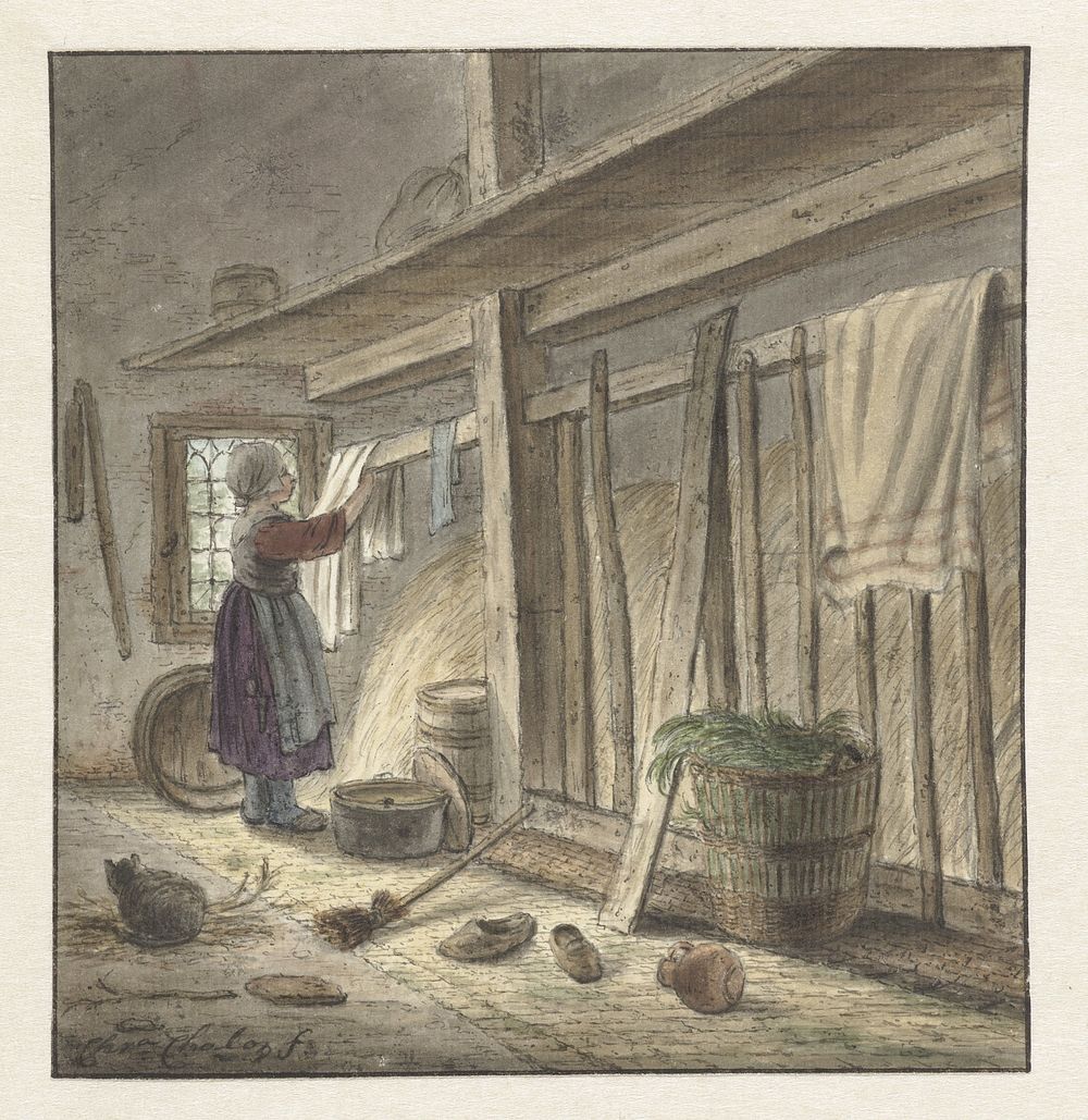Hoekje van een stal met een meisje dat een doek ophangt (1772) by Christina Chalon