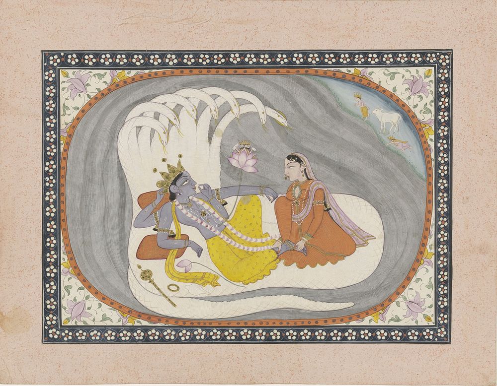 Vishnu ligt op de slang Ananta, Bhumi zit voor hem (1830 - 1850) by anonymous