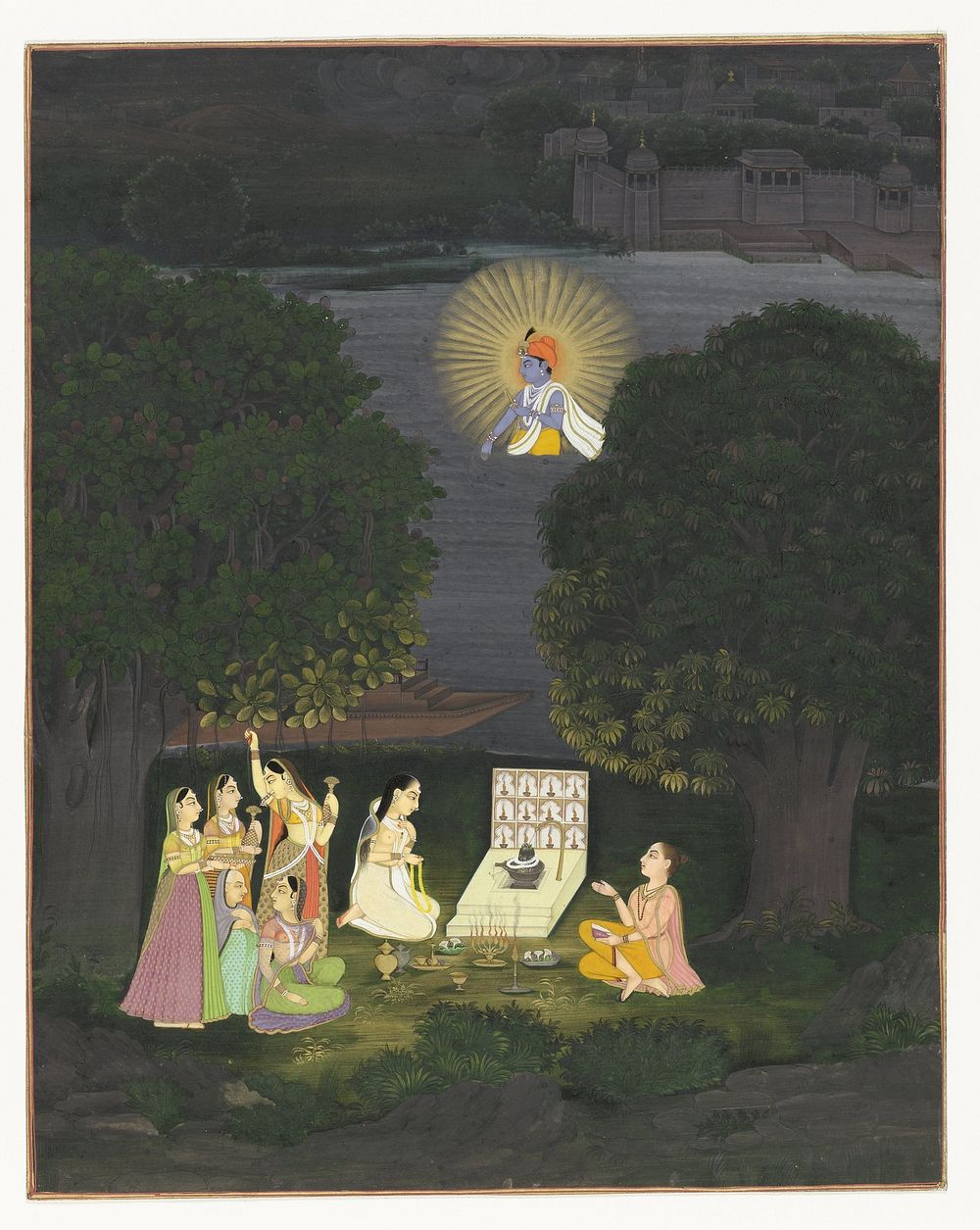 Vrouwen die Shiva aanbidden worden onderbroken door een visioen van Krishna (c. 1795 - c. 1805) by anonymous