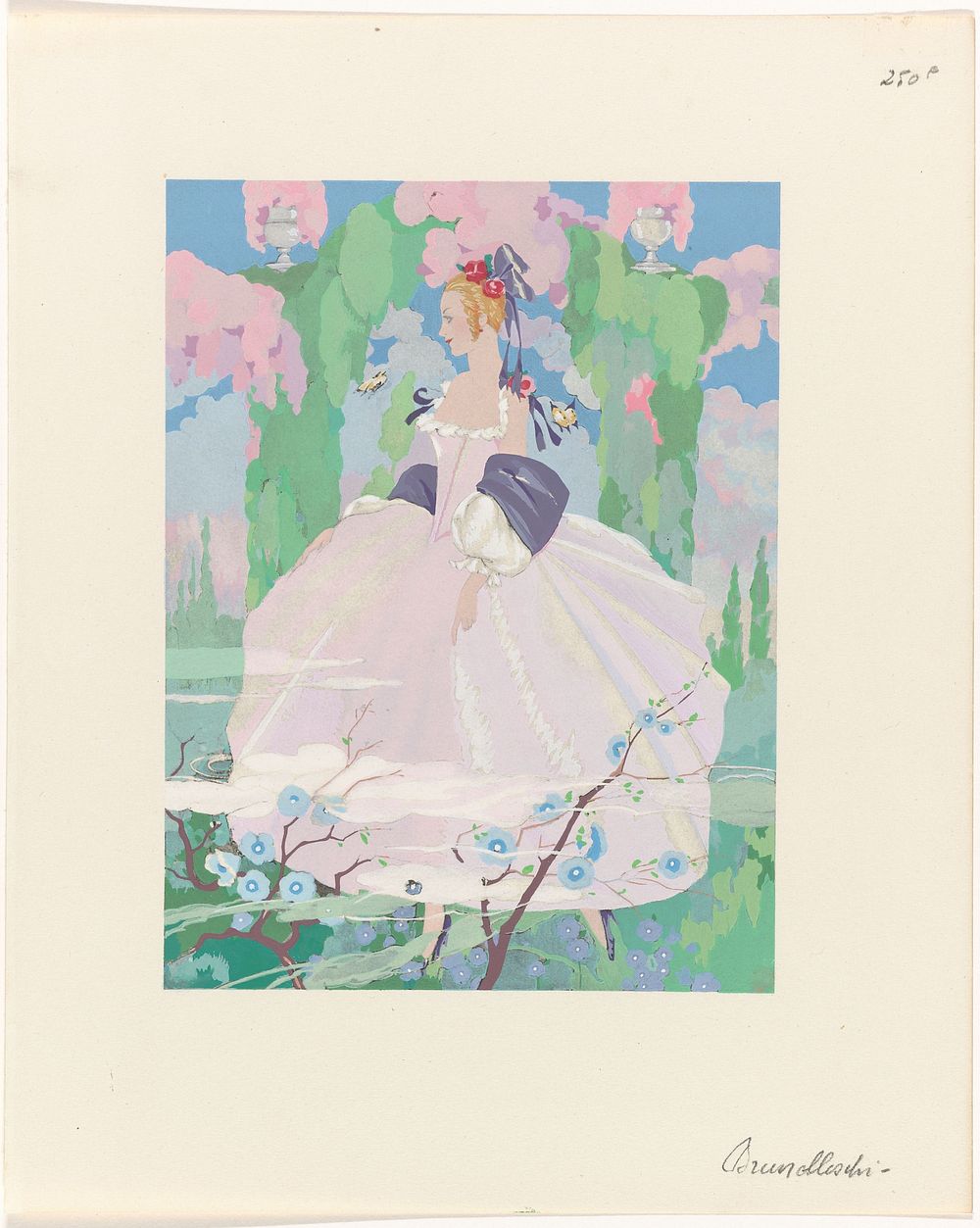 La Guirlande, Album mensuel d'art et de la litterature, 1919-1920 : Vrouw in roze jurk in tuin (1919 - 1920) by Umberto…